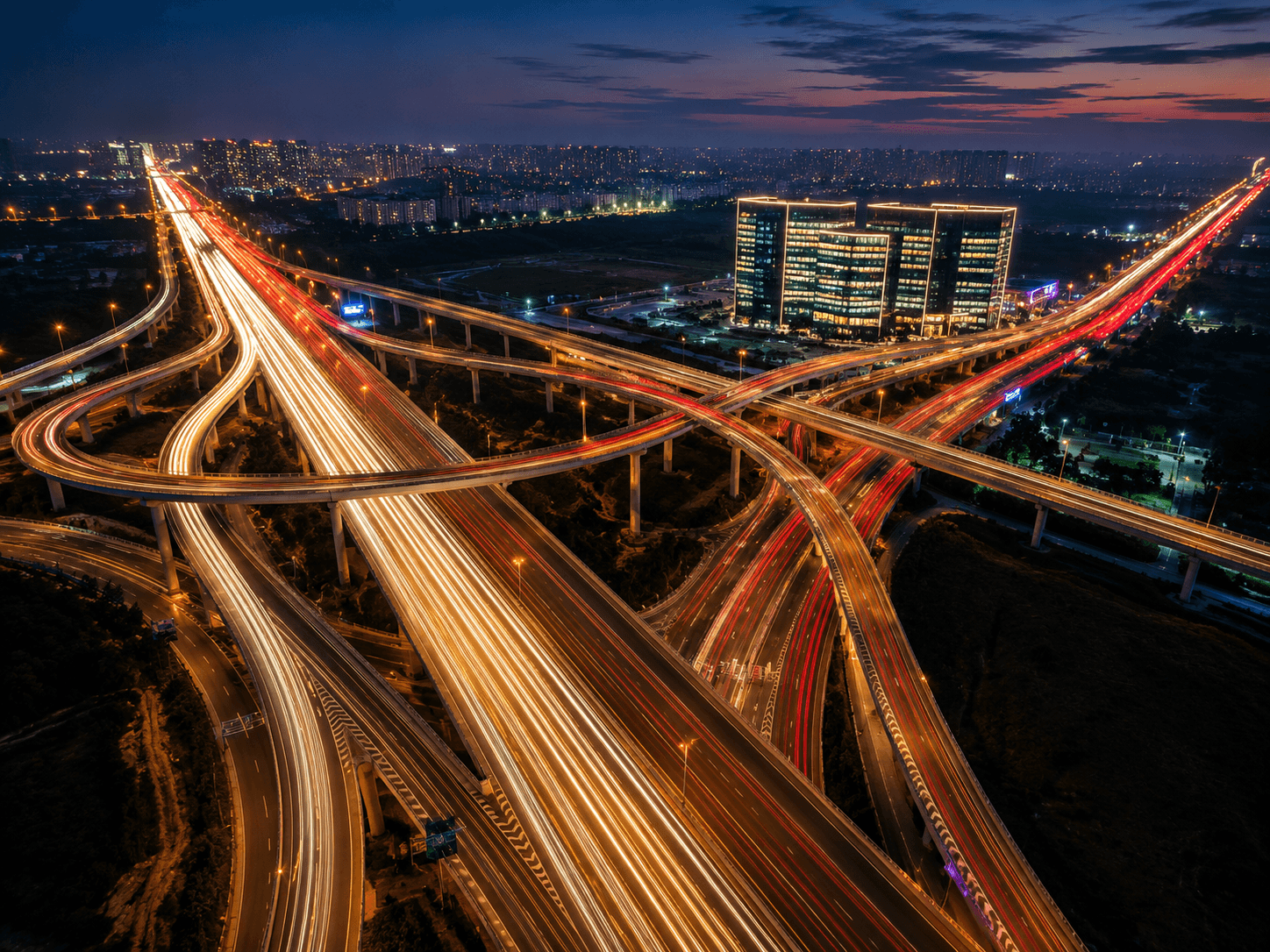 Noida-Delhi expressway skyline at dusk