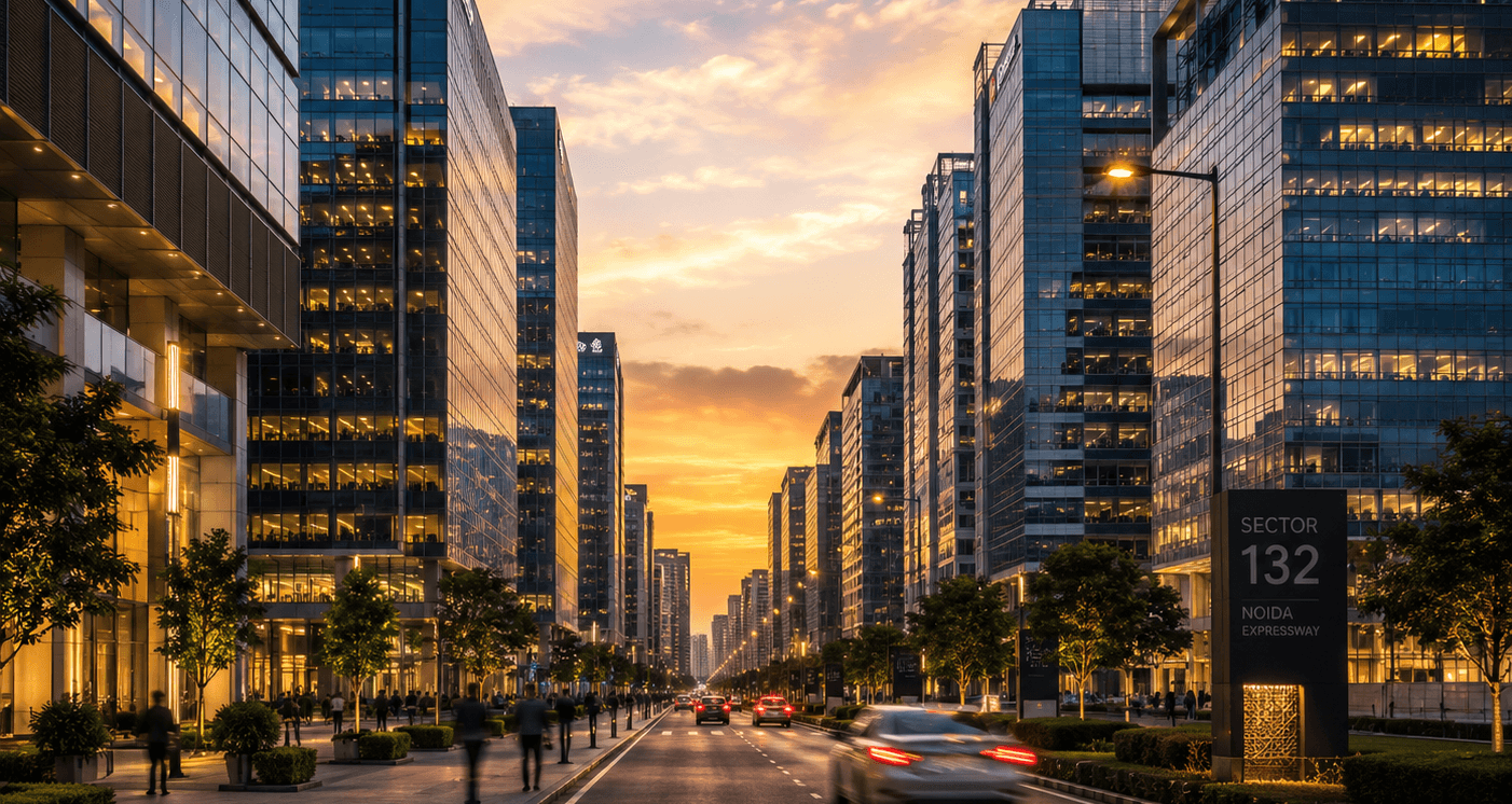 Noida commercial transit corridor and corporate skyline